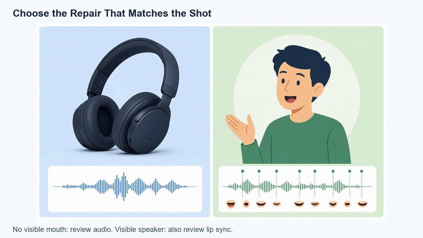 Conceptual comparison of audio-only narration repair and a visible speaker requiring lip-sync review