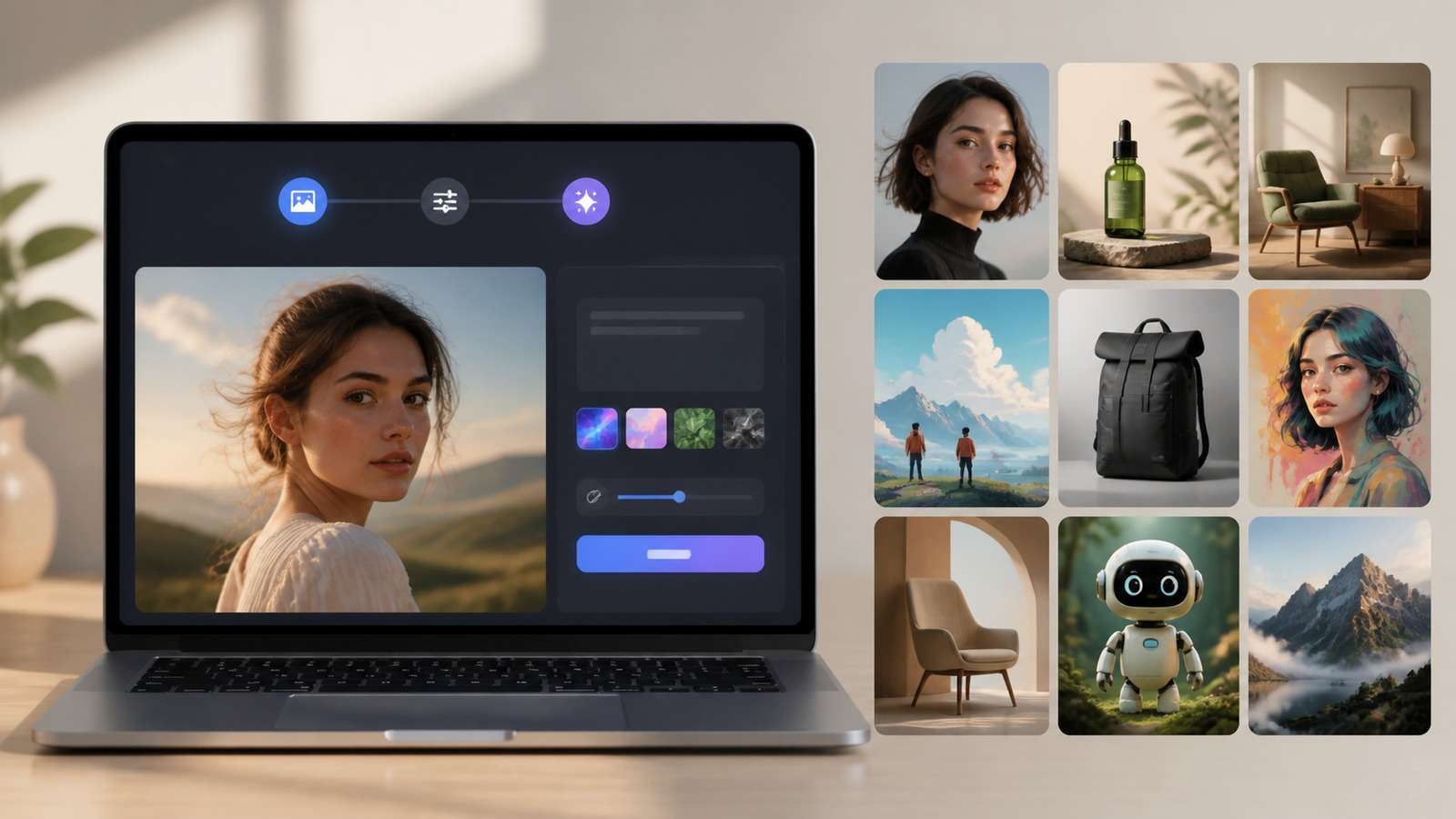 Simple offline AI image workflow producing polished portraits, products, and illustrations