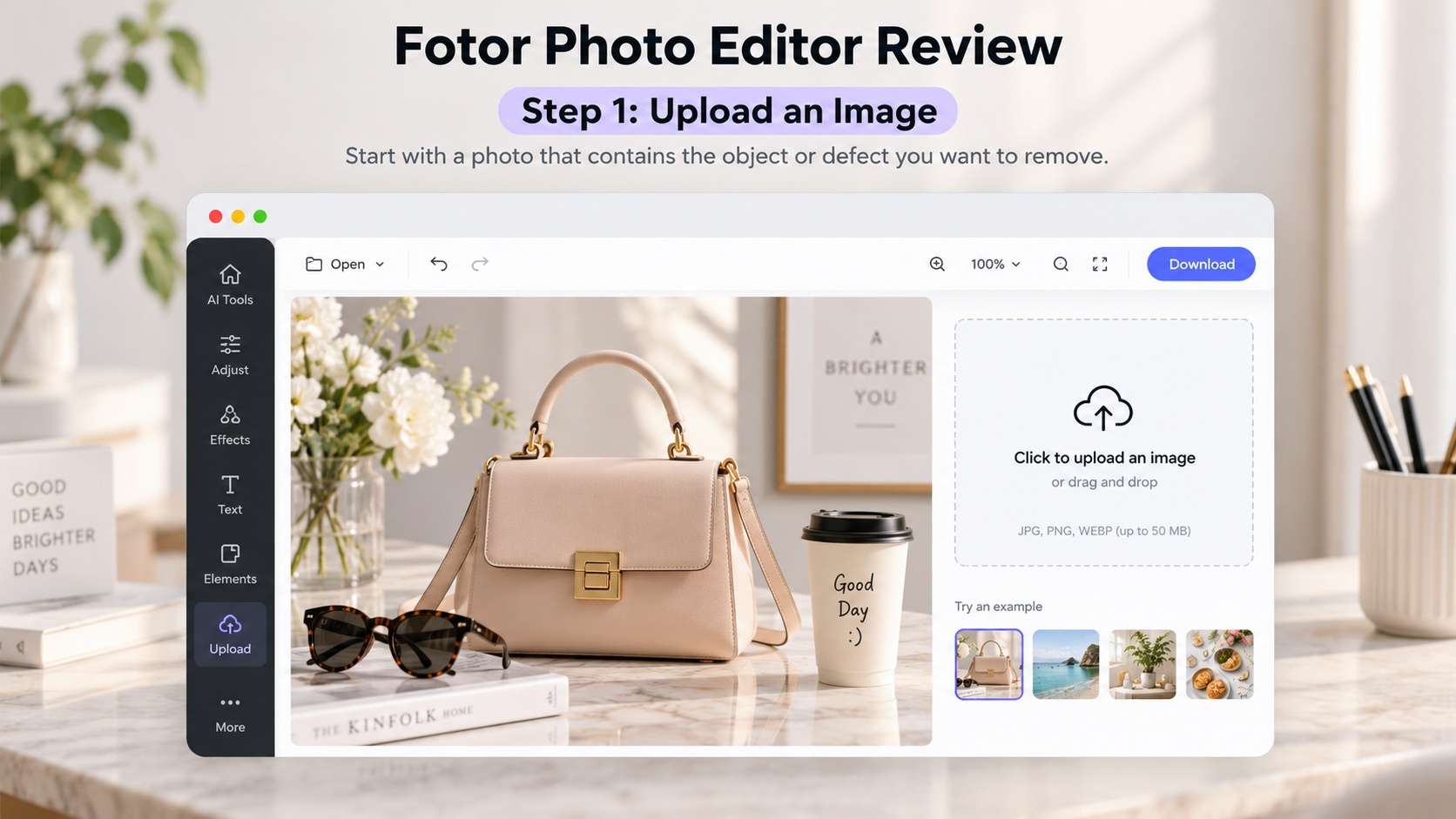 Map of Fotor photo editor workflows: enhance remove retouch batch design