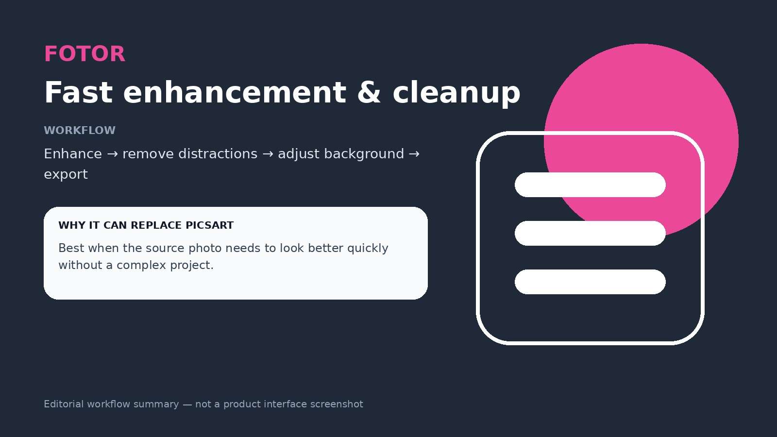 Fotor workflow summary for quick enhancement and cleanup as a Picsart alternative
