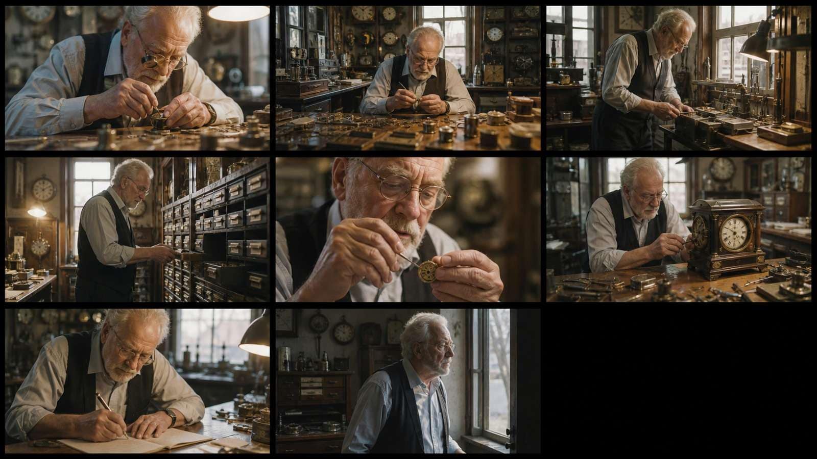 Longer local AI video sequence maintaining the same watchmaker and workshop across multiple moments