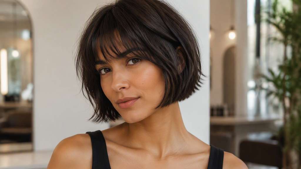 Classic Parisian Bob hair on an adult model, showing soft cheek-to-jaw bob with wispy eyebrow fringe and relaxed textured finish.