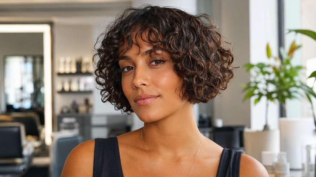 Curly French Bob hair on an adult model, showing defined natural curls in short rounded cheek-to-jaw silhouette and sparse fringe