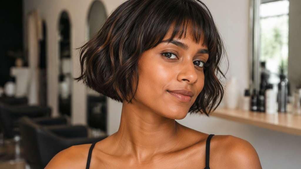 French Bob with Baby Bangs hair on an adult model, showing jaw-above bob with short light fringe ending above eyebrows and easy bend.