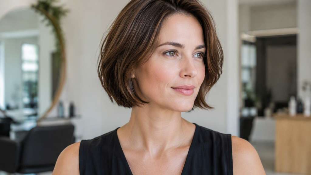 French Bob Without Bangs hair on an adult model, showing short soft bob with open forehead and gentle side part, no added fringe.