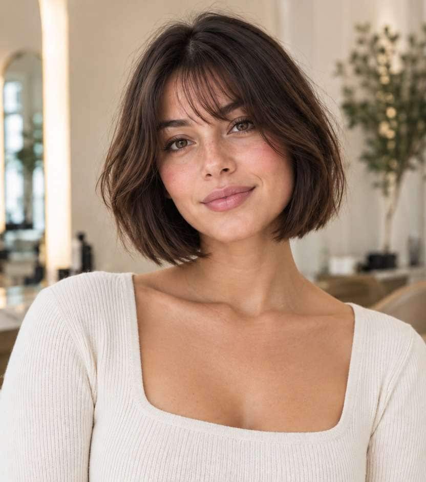 After hairstyle portrait for french bob filter: softly textured French bob near jaw with light wispy fringe