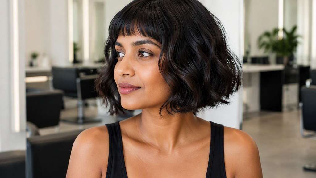 Retro-Inspired French Bob hair on an adult model, showing short textured bob with neatly shaped forehead fringe and modest vintage bend.