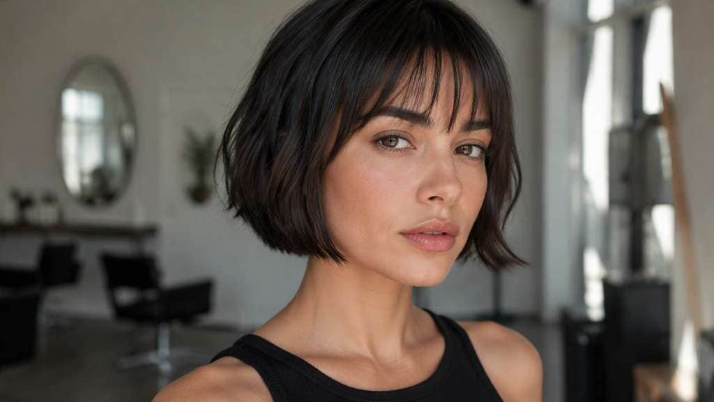 Straight French Bob hair on an adult model, showing short subtle curved bob at jaw with light uneven bangs and limited volume.