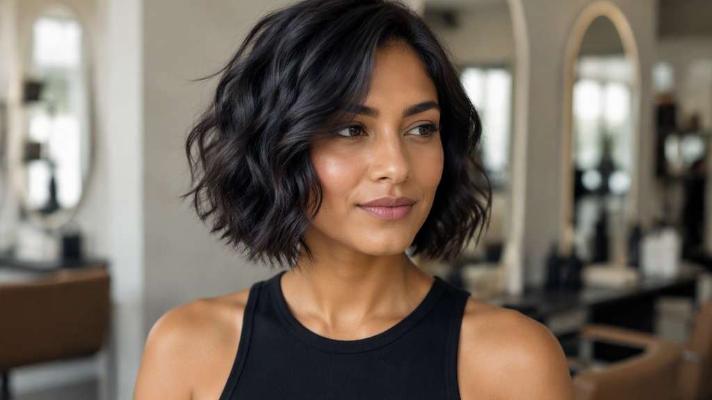 Tousled French Bob hair on an adult model, showing naturally undone short waves with soft jaw-level outline and separated ends.
