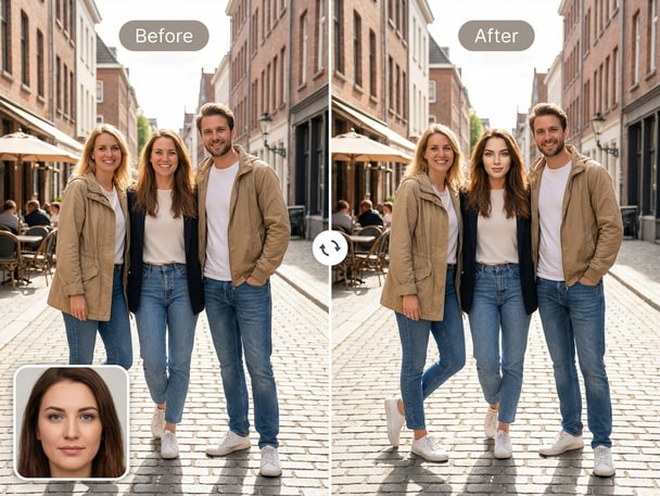 AI friends face swap in group selfie
