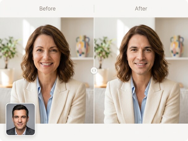 Funny face changer before and after preview with smiling people
