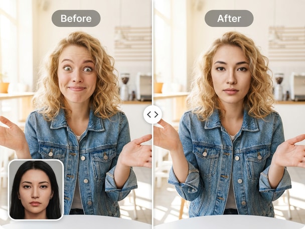 AI funny face swap before and after comparison on a photo