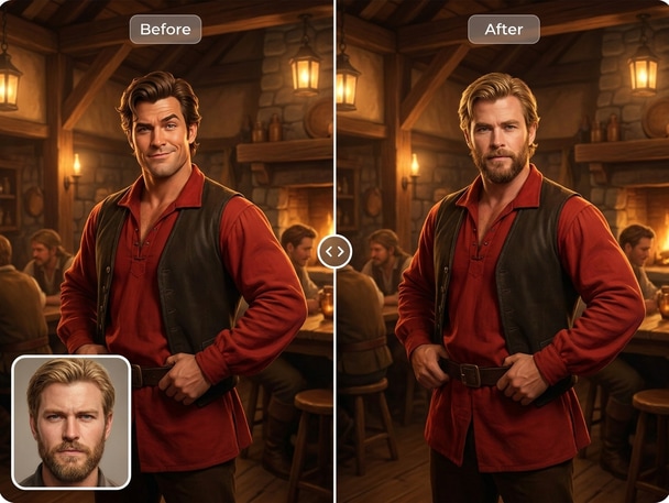 Cosplay-themed face swap with fantasy costume visuals
