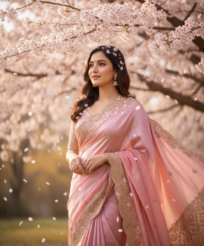 Gemini Cherry Blossom Saree Portrait 13