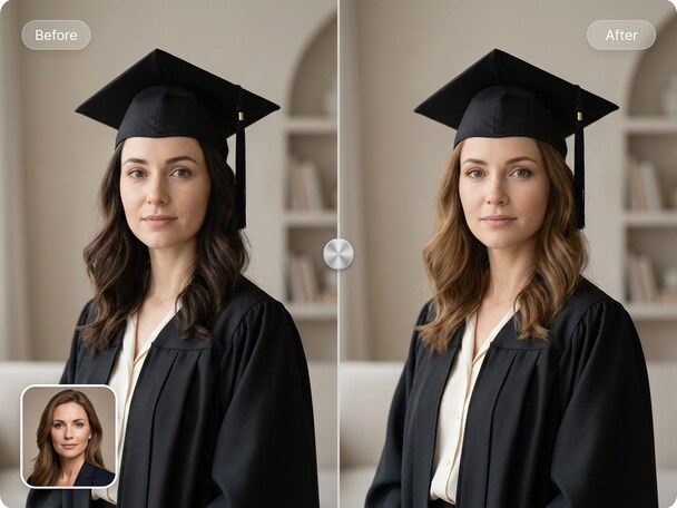 Graduation face swap before and after comparison showing student in gown