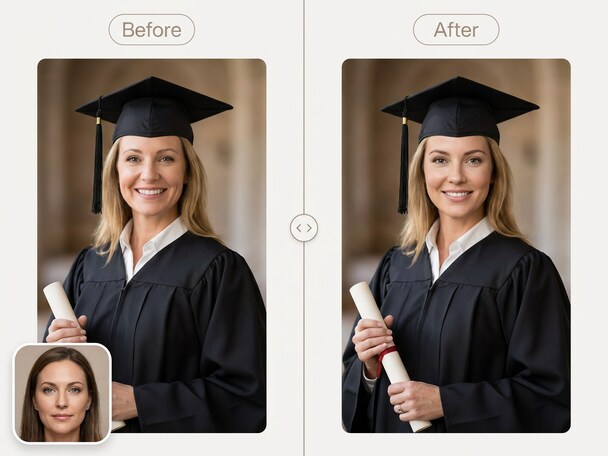 AI face swap showing graduation celebration photo transformation