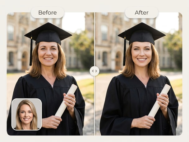 Graduation face swap showing a student photo transformed into cap and gown version