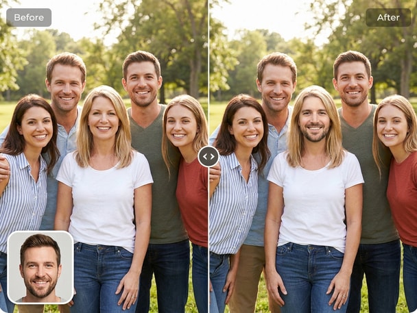Friends smiling in a group photo after AI face swap edit