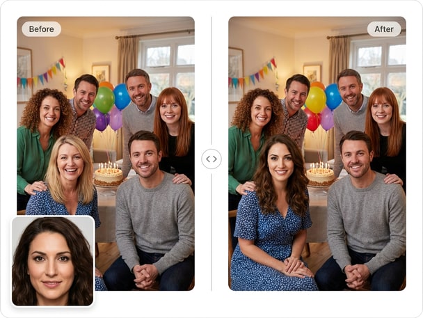 Office team group photo with swapped faces using AI