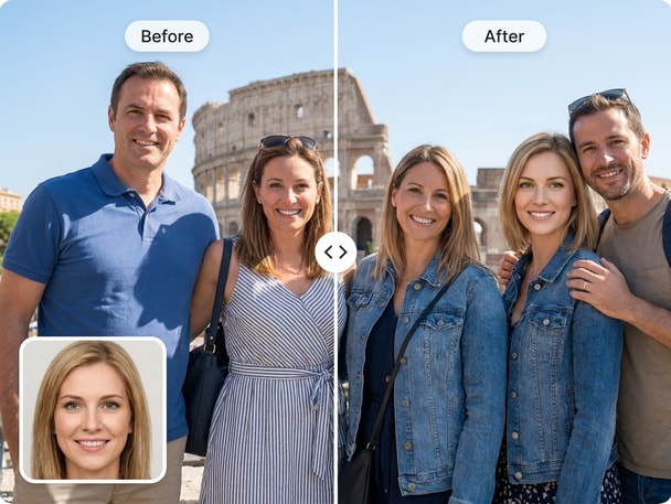AI group photo face swap with natural multi-face adjustment