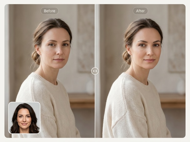 AI Halloween face swap showing a person turned into a vampire character with before and after comparison