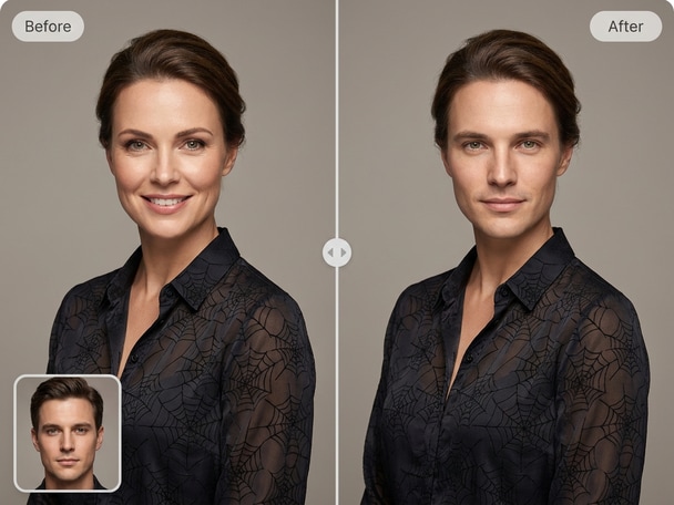 Witch costume face swap with magical background before and after effect