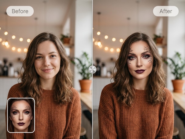 Before and after Halloween AI face swap example