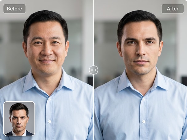 Before and after professional headshot face swap example