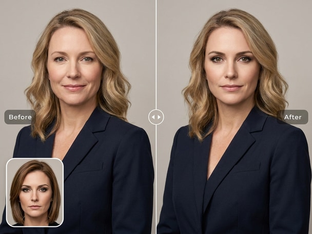 AI headshot face swap preview with professional photo result