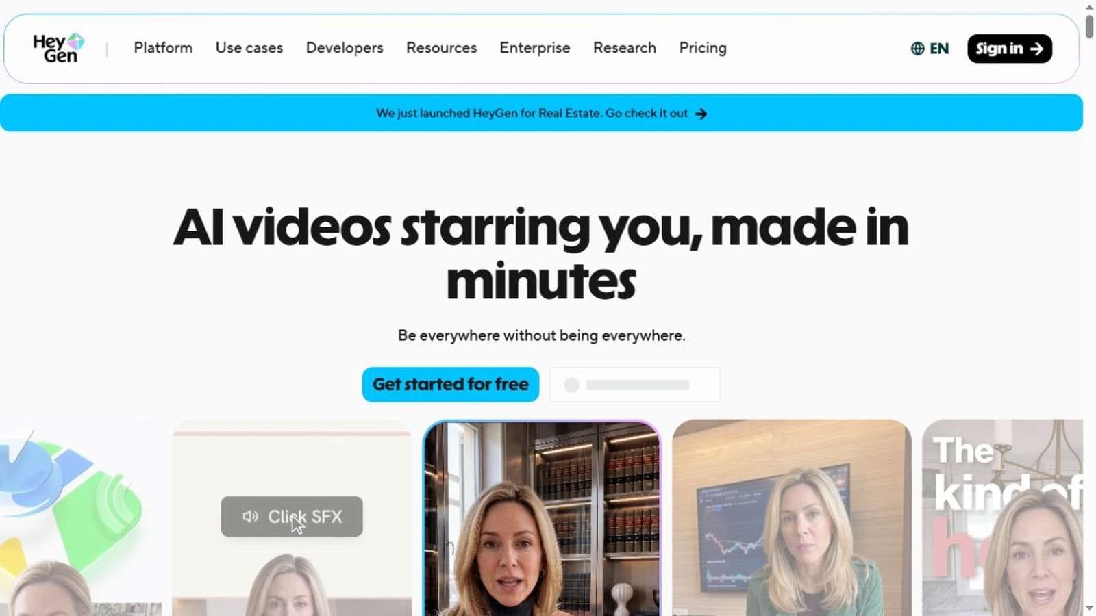 HeyGen official AI avatar and video generation website interface