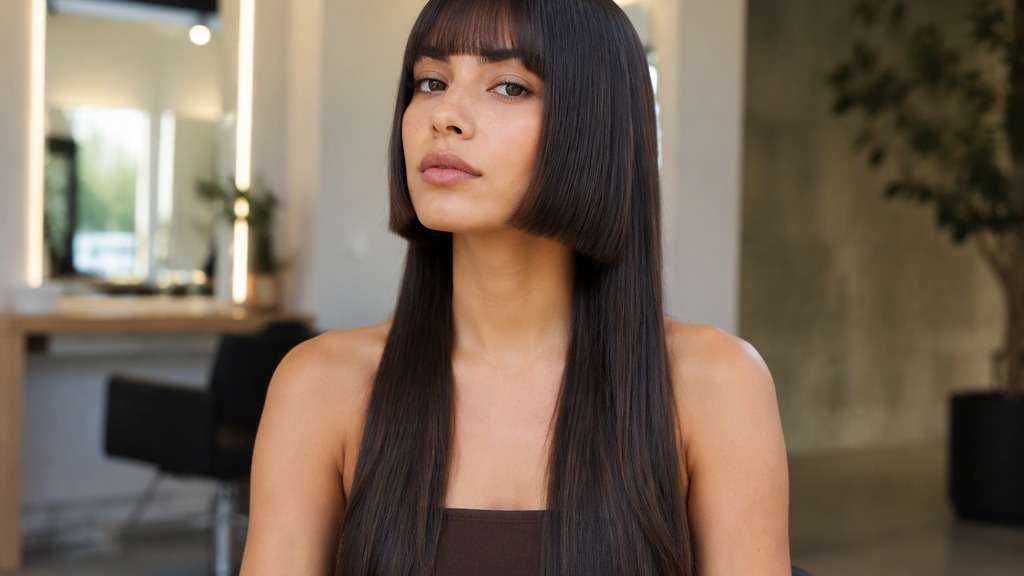 Classic Princess Hime hair on an adult model, showing straight eyebrow fringe, jaw-level blunt face panels and long sleek back hair fa