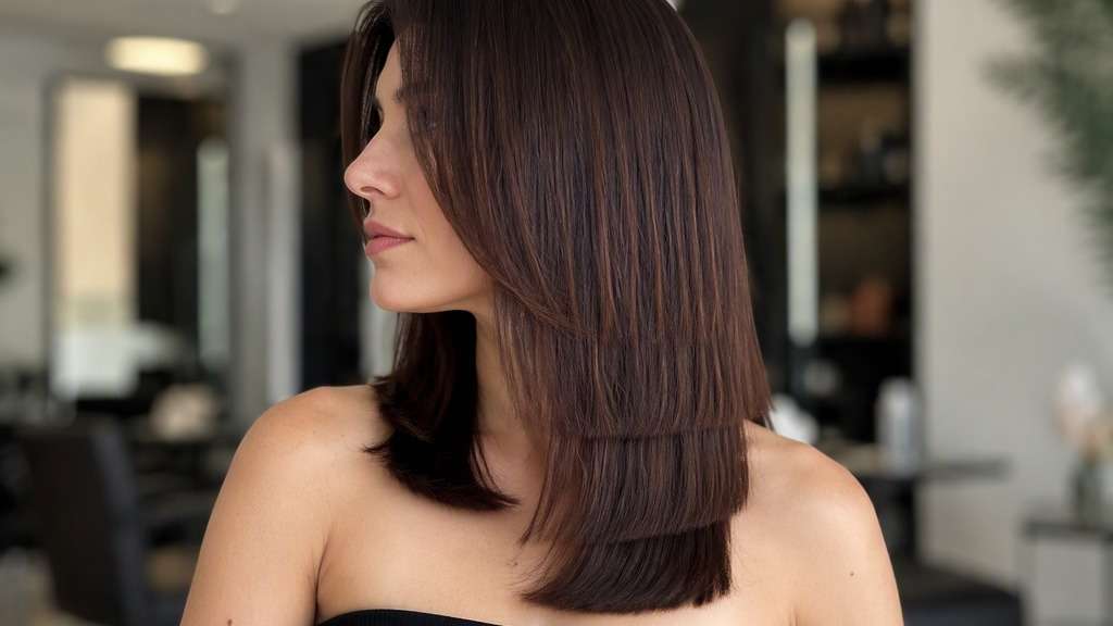 Dark Glossy Hime Cut hair on an adult model, showing sleek original dark hair with crisp three-level stepped shape and clean lower ed