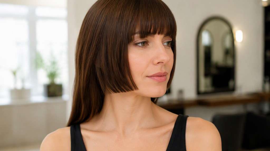 Jaw-Level Hime Cut hair on an adult model, showing short face locks cut exactly at jawline with fuller blunt bangs, long back visib