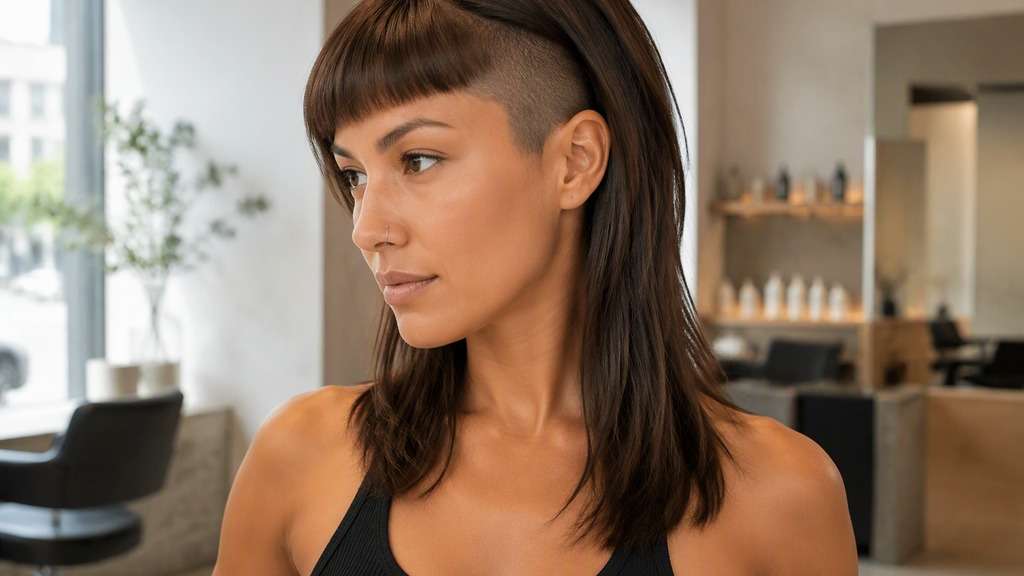 Minimalist Hime for Thick Hair hair on an adult model, showing slightly reduced density at side panels, sharp straight edges and ample long hai