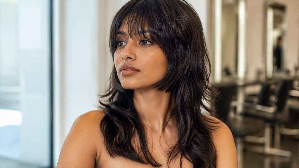 Soft Fringe Hime Cut hair on an adult model, showing separated wispy forehead fringe with sharply level short cheek panels and long b