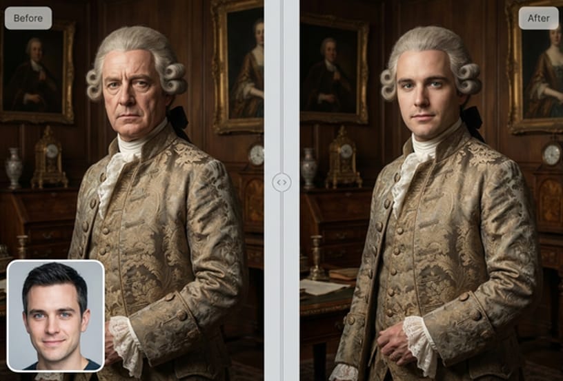 AI historical figure face swap example of a user blended into a vintage portrait