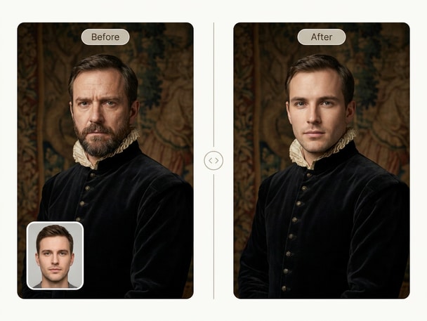 Before-and-after historical figure face swap preview