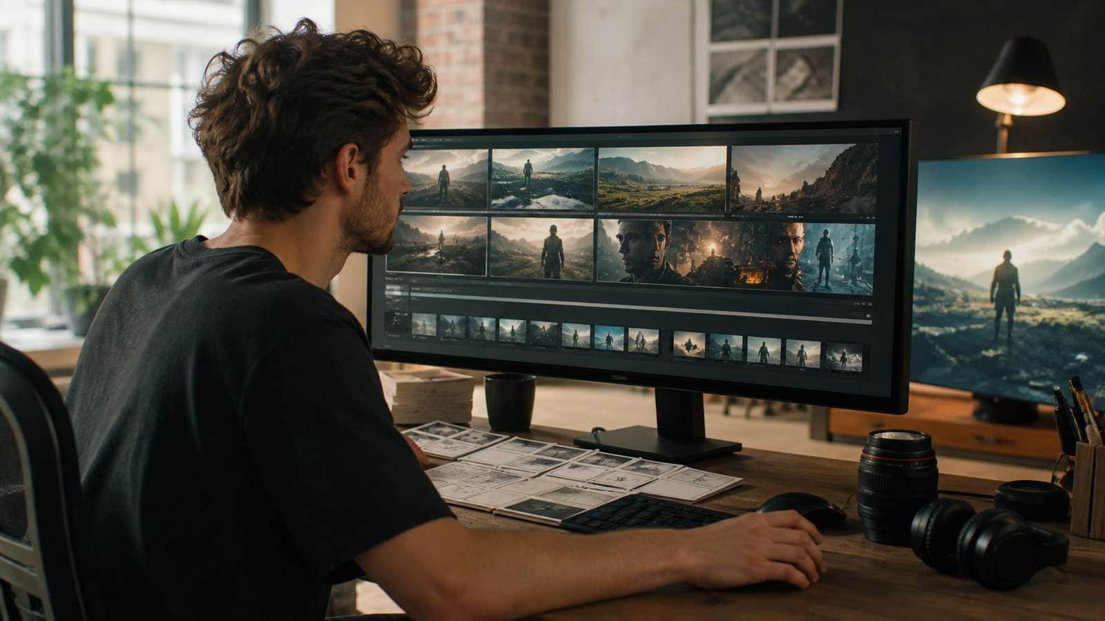 Creator assembling realistic AI-generated video shots in a professional editing workspace