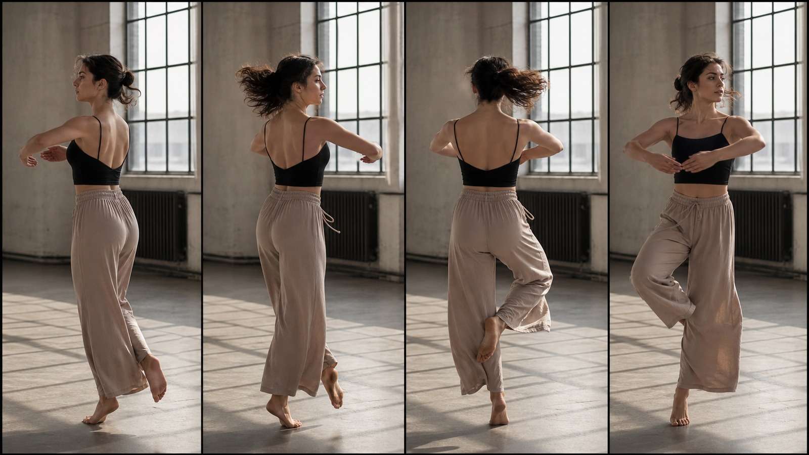 High-quality local AI video motion study preserving a dancer across sequential frames