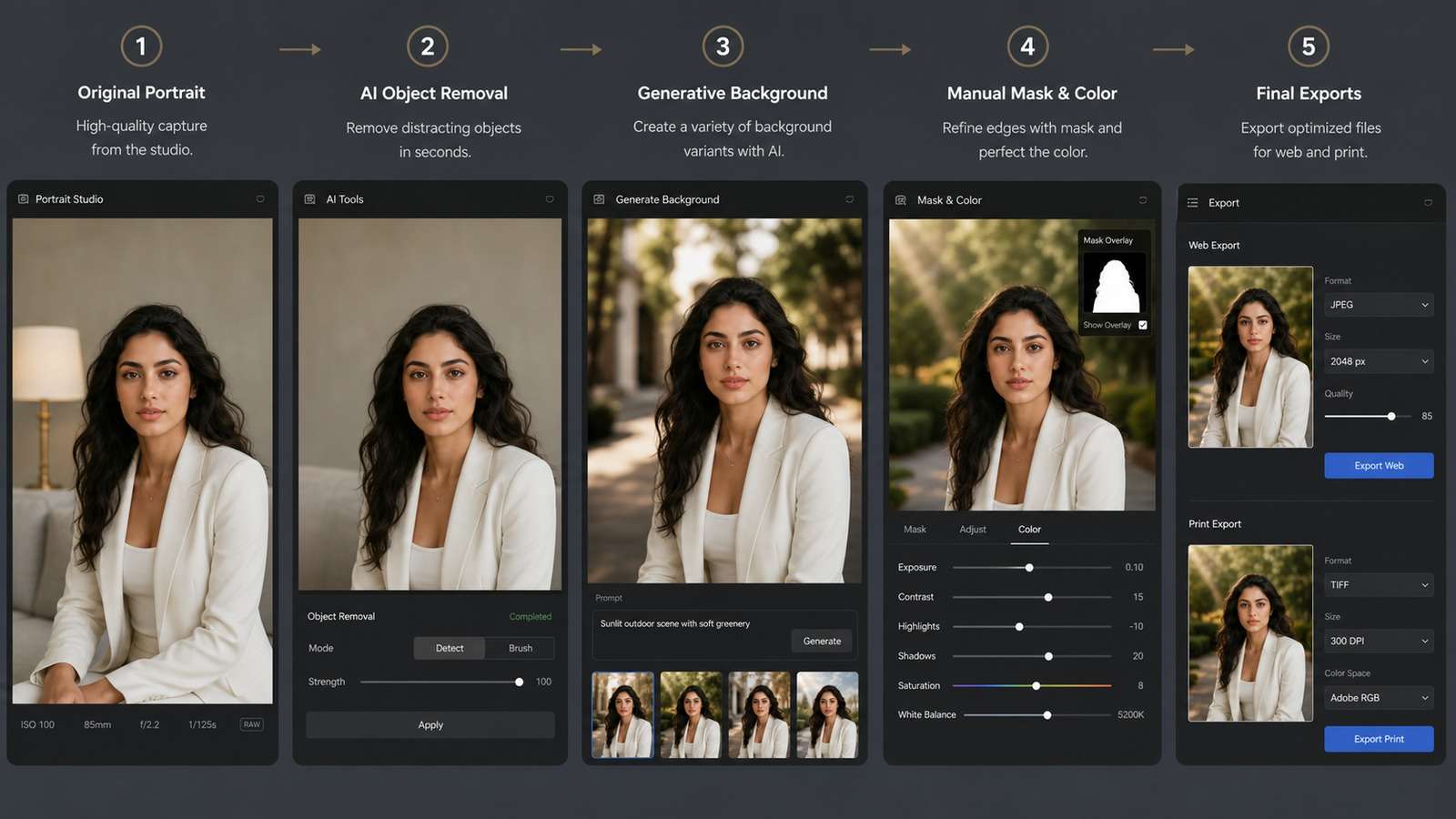 Hybrid workflow diagram from source image to AI semantic edit Photoshop finishing quality control and final exports