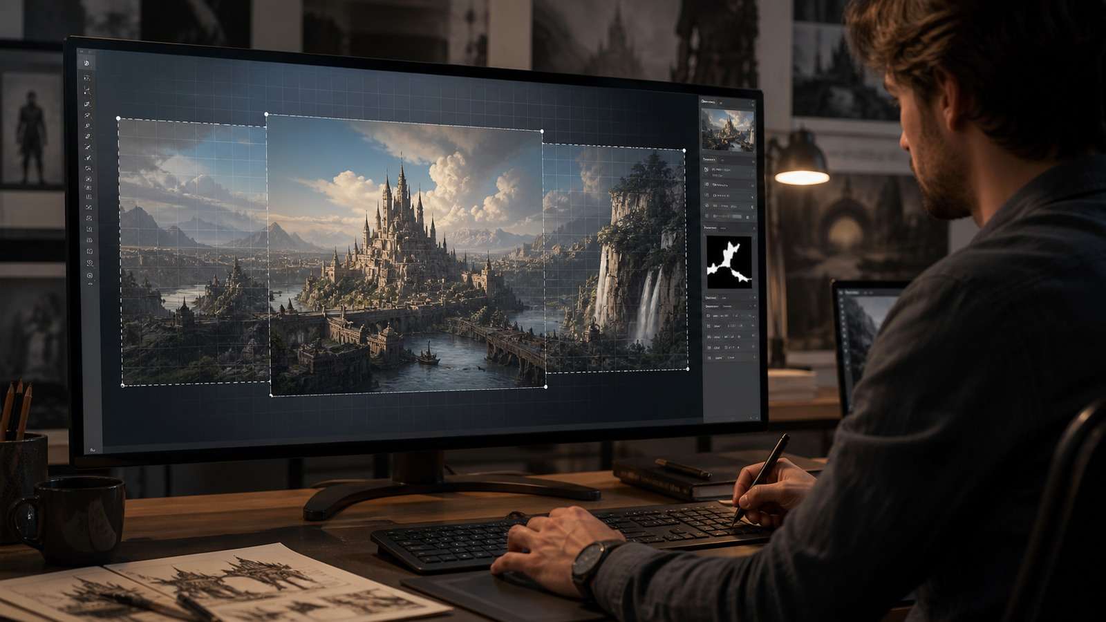 Canvas-led local AI image editing extending and refining a fantasy city scene
