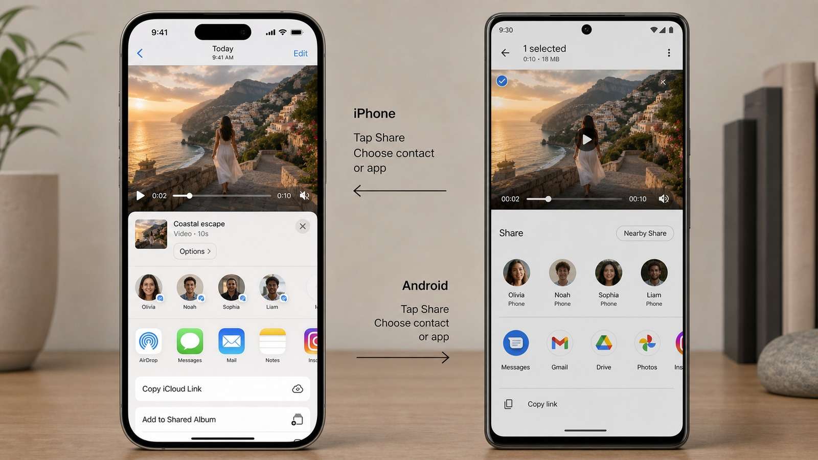 Side-by-side iPhone and Android AI video workflows with identical generated output but different upload and sharing steps