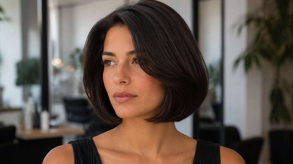 Classic Full Italian Bob hair on an adult model, showing substantial lower-jaw-to-neck bob with soft side part and inward-curved full end