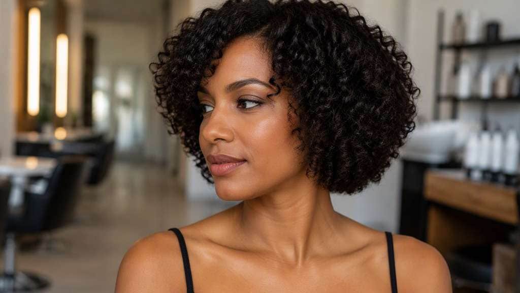 Curly Italian Bob hair on an adult model, showing short defined curls with rounded weight and natural dry shrinkage near neck.
