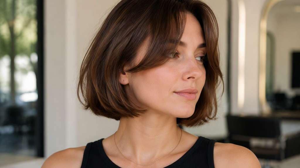 Italian Bob with Curtain Fringe hair on an adult model, showing full swingy neck-length bob plus soft divided fringe near cheekbones.