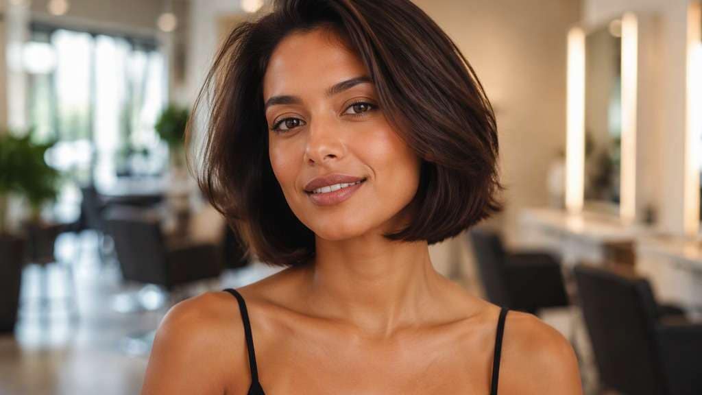 Italian Bob with Soft Blowout hair on an adult model, showing neck-length full bob with root lift, loose blowout bounce and believable salon v