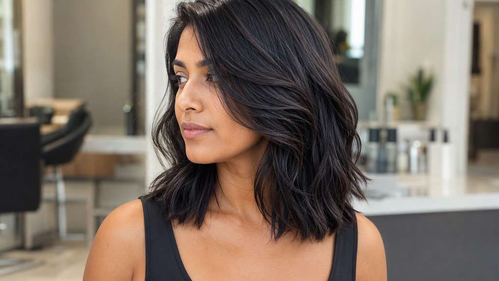 Off-Center Italian Bob hair on an adult model, showing strong weight through ends and relaxed offset part with sweeping front strands.