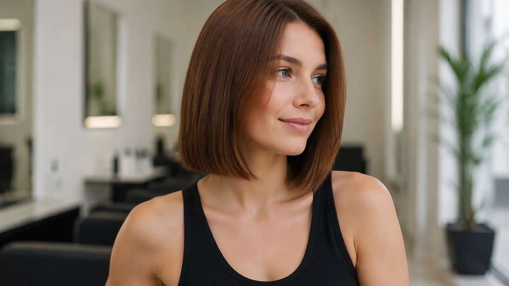 Sleek Italian Bob hair on an adult model, showing full even perimeter and polished straight finish, no dramatic curls.
