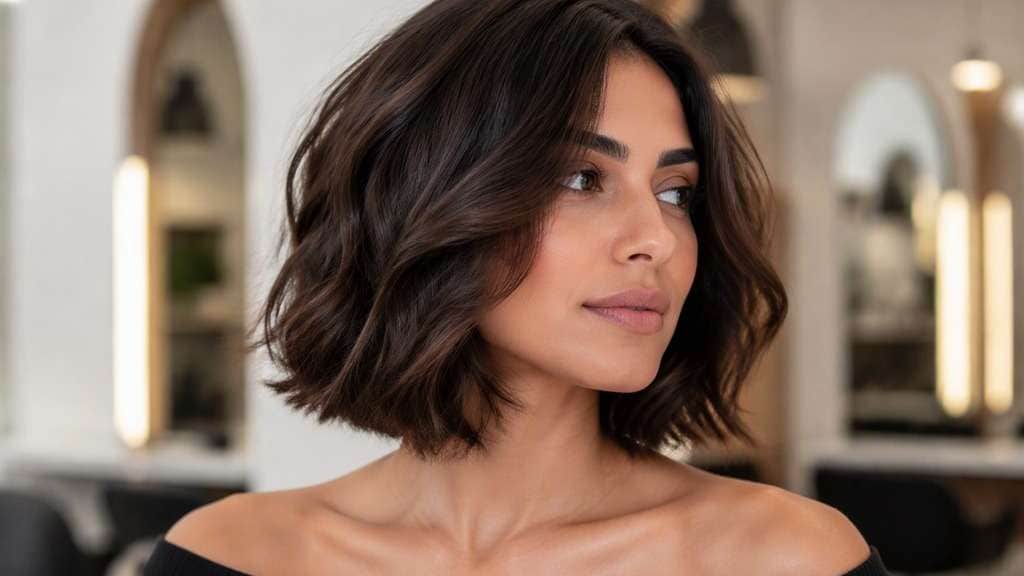 Wavy Italian Bob hair on an adult model, showing broad natural waves over substantial neck-length bob and full finish.