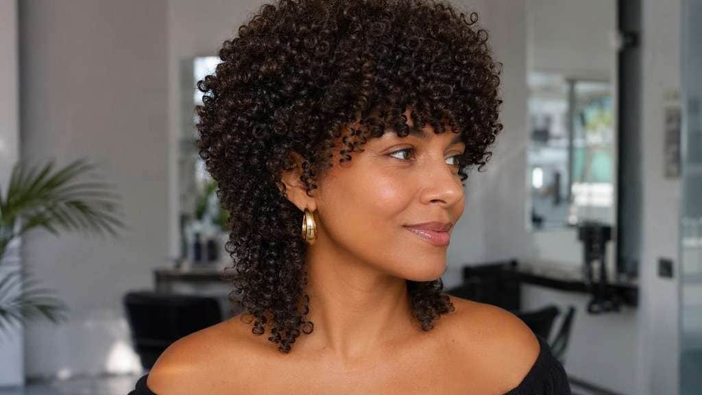 Curly Jellyfish Adaptation hair on an adult model, showing rounded curly short cap with visibly longer dry curls underneath and natural shr